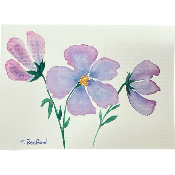 Hand Crafted Other - Hand painted watercolor original painting purple blue flowers